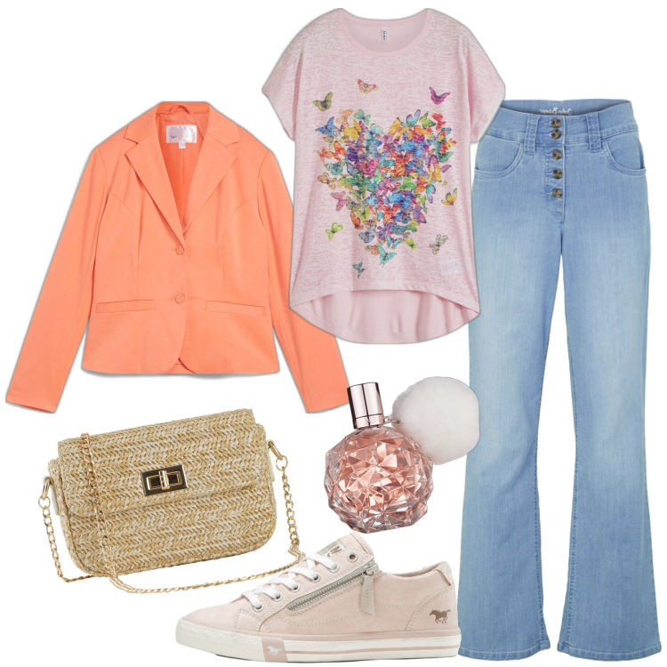 Outfit donna - Sportiva con blazer. Stile Casual chic per Tutti i giorni. Abbinamento con maglieria, borse a mano, jeans dritti, blazer, sneakers, profumi.