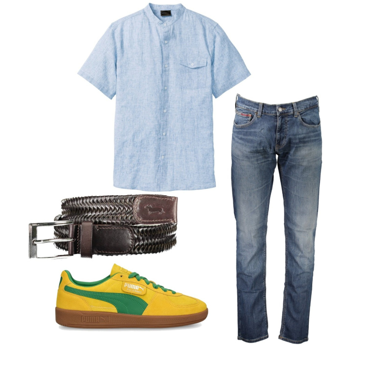 Outfit uomo - Sneakers colorate. Stile Casual per Tutti i giorni. Abbinamento con camicie a manica corta, sneakers, cinture, jeans.