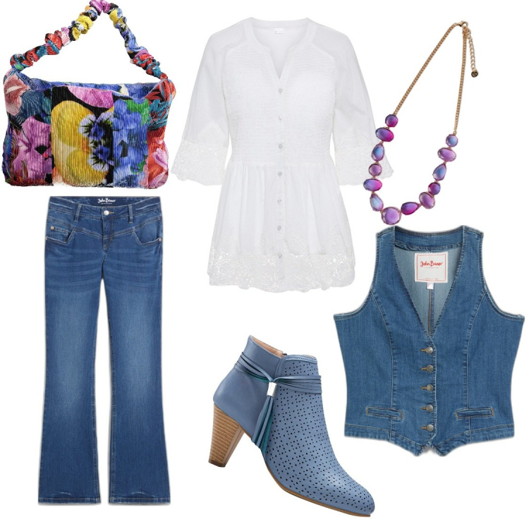 Outfit donna - A spasso con le amiche. Stile Boho per Tutti i giorni. Abbinamento con gilet, jeans bootcut, camicie, stivaletti, borse a spalla, collane.