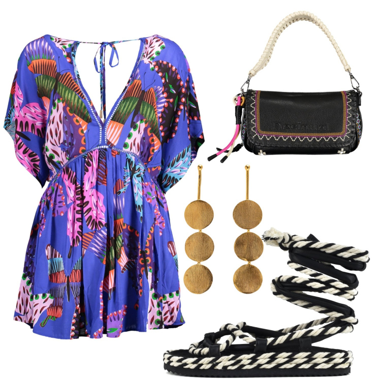 Outfit donna - Tribale. Stile Etnico per Tutti i giorni. Abbinamento con sandali, orecchini, borse a spalla, vestiti corti.