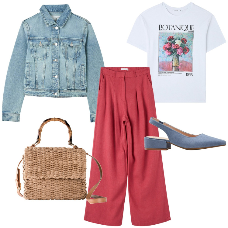 Outfit donna - Un pomeriggio da turista. Stile Casual per Tutti i giorni. Abbinamento con décolleté, borse a mano, t-shirt, pantaloni, blazer.