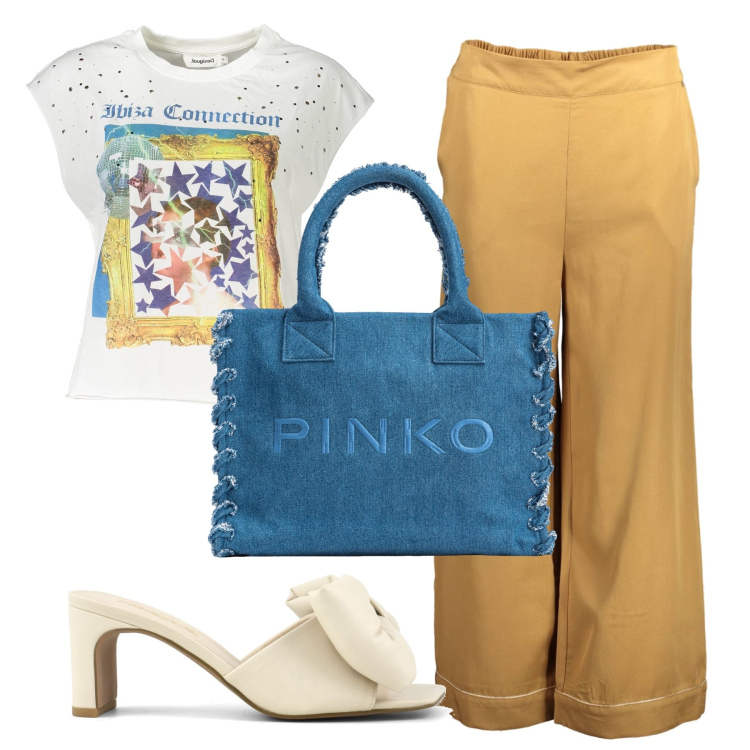 Outfit donna - Quadro di stelle. Stile Glamour per Tutti i giorni. Abbinamento con shopping bag, sandali col tacco, t-shirt, pantaloni.
