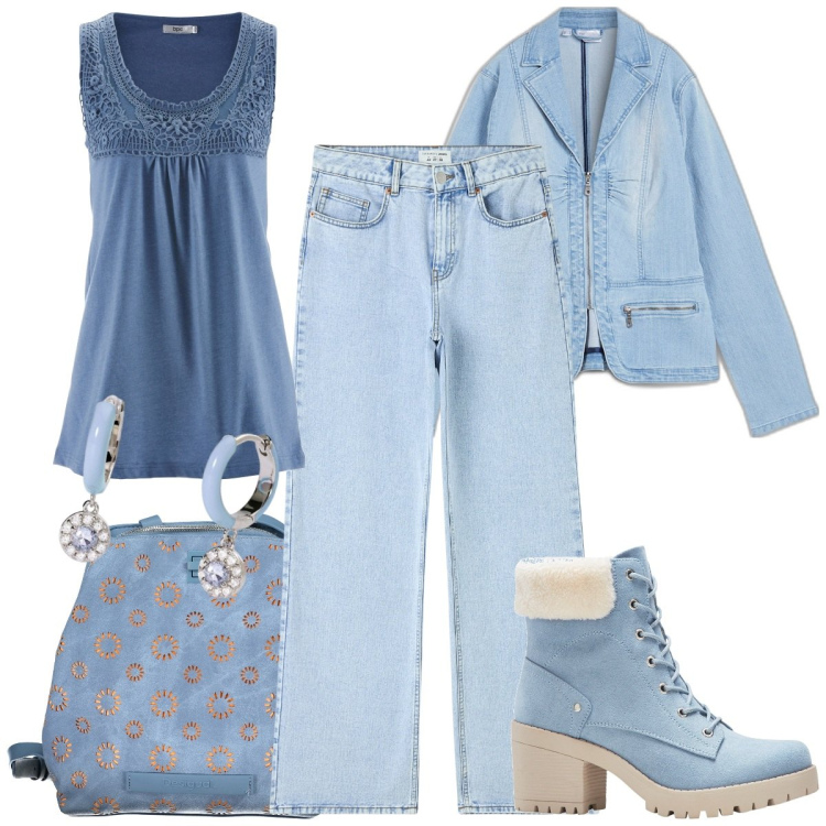 Outfit donna - Azzurro cenere. Stile Casual chic per Tutti i giorni. Abbinamento con top, stivaletti, blazer, jeans, orecchini, zaini.