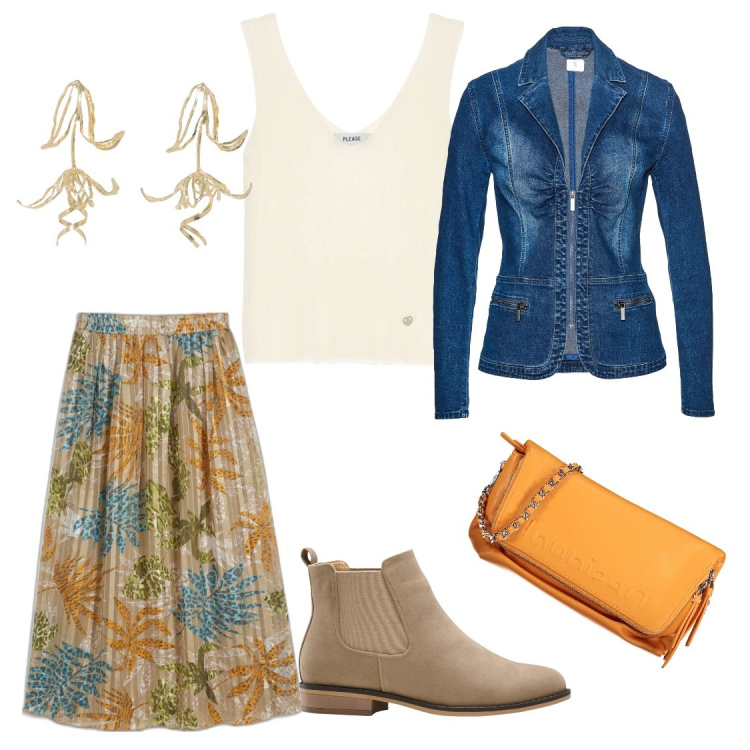 Outfit donna - Anche a lavoro. Stile Boho per Tutti i giorni. Abbinamento con stivaletti chelsea, gonne lunghe, blazer, top, orecchini, borse a mano.