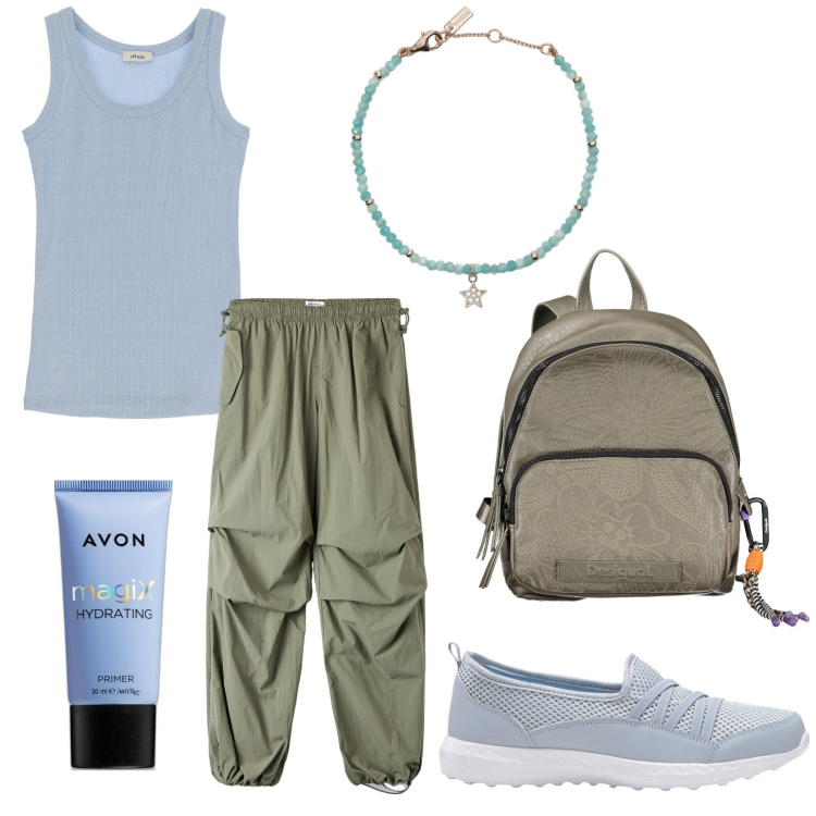 Outfit donna - Total look #1858150. Stile Urban per Tutti i giorni. Abbinamento con sneakers, primer, pantaloni, braccialetti, top, zaini.
