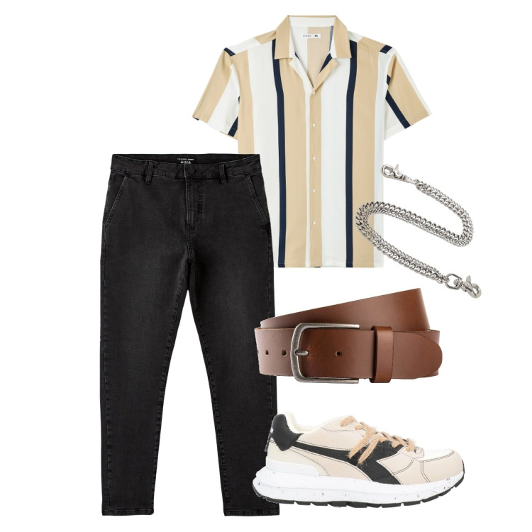 Outfit uomo - Richiami di righe. Stile Urban per Tutti i giorni. Abbinamento con cinture, sneakers, camicie a manica corta, jeans skinny, orologi.