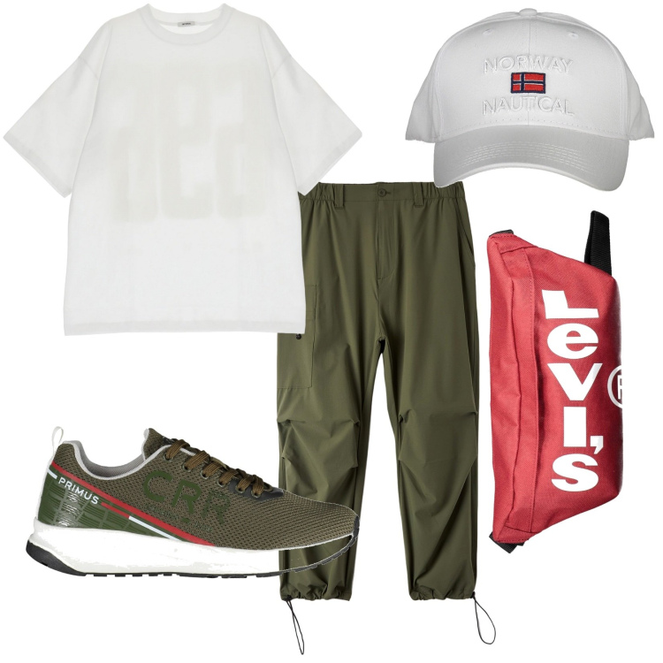 Outfit uomo - Total look #1858154. Stile Urban per Tutti i giorni. Abbinamento con pantaloni, t-shirt, borse sportive, cappelli con visiera, scarpe sportive.