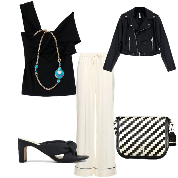 Outfit donna - Primavera BN. Stile Casual chic per Ufficio. Abbinamento con top, giacche, sandali col tacco, pantaloni, ciondoli, borse a tracolla.