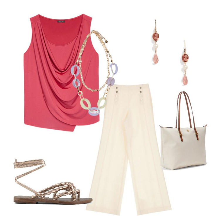 Outfit donna - Primavera. Stile Casual chic per Tutti i giorni. Abbinamento con pantaloni, borse tote, orecchini, sandali, top, ciondoli.