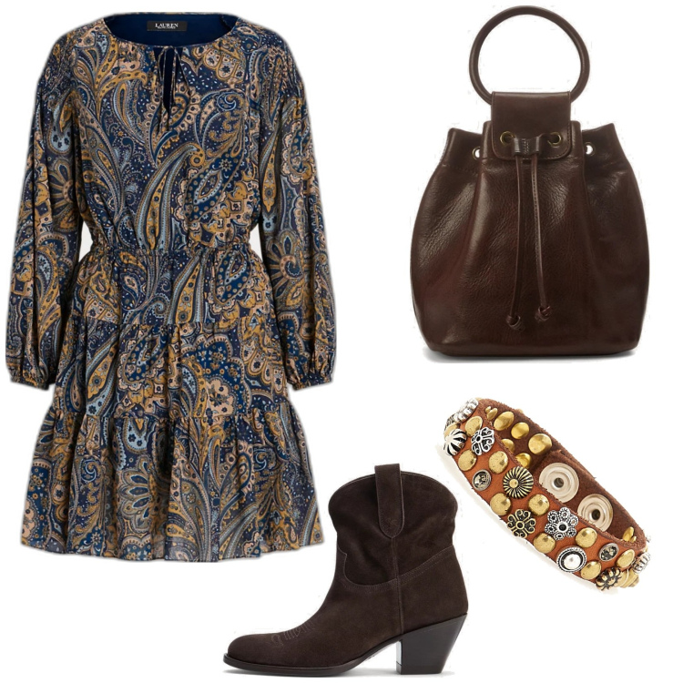 Outfit donna - Boho primavera. Stile Boho per Serata fuori. Abbinamento con braccialetti, stivaletti, vestiti, borse a secchiello.