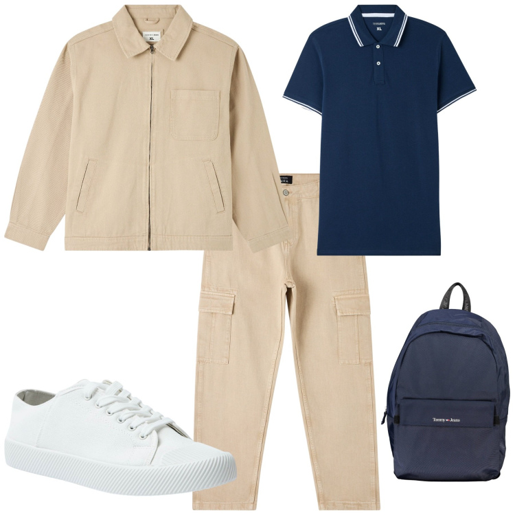 Outfit uomo - Trendy per week end fuori porta. Stile Trendy per Tutti i giorni. Abbinamento con giacche, sneakers, pantaloni cargo, polo, borse sportive.
