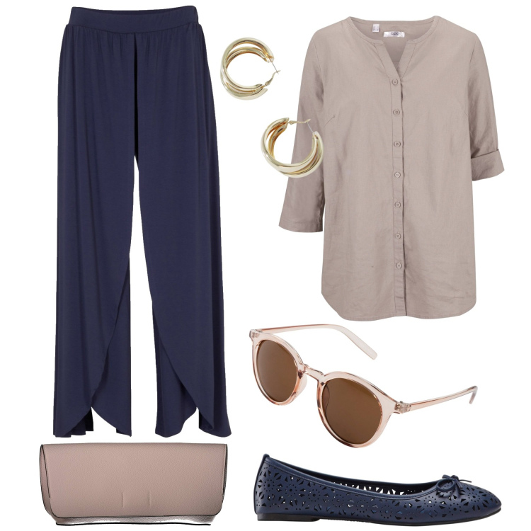 Outfit donna - Minimal chic mood curvy. Stile Minimal per Tutti i giorni. Abbinamento con camicie, ballerine, occhiali da sole, pantaloni, orecchini, pochette.