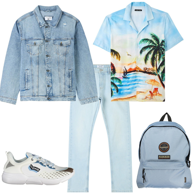 Outfit uomo - Casual week end al mare. Stile Casual per Mare. Abbinamento con giacche, jeans dritti, camicie a manica corta, scarpe sportive, borse sportive.