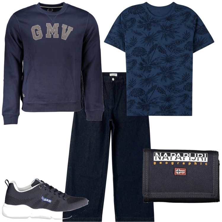 Outfit uomo - Casual in città. Stile Casual per Tutti i giorni. Abbinamento con jeans, t-shirt, scarpe sportive, felpe, portafogli.