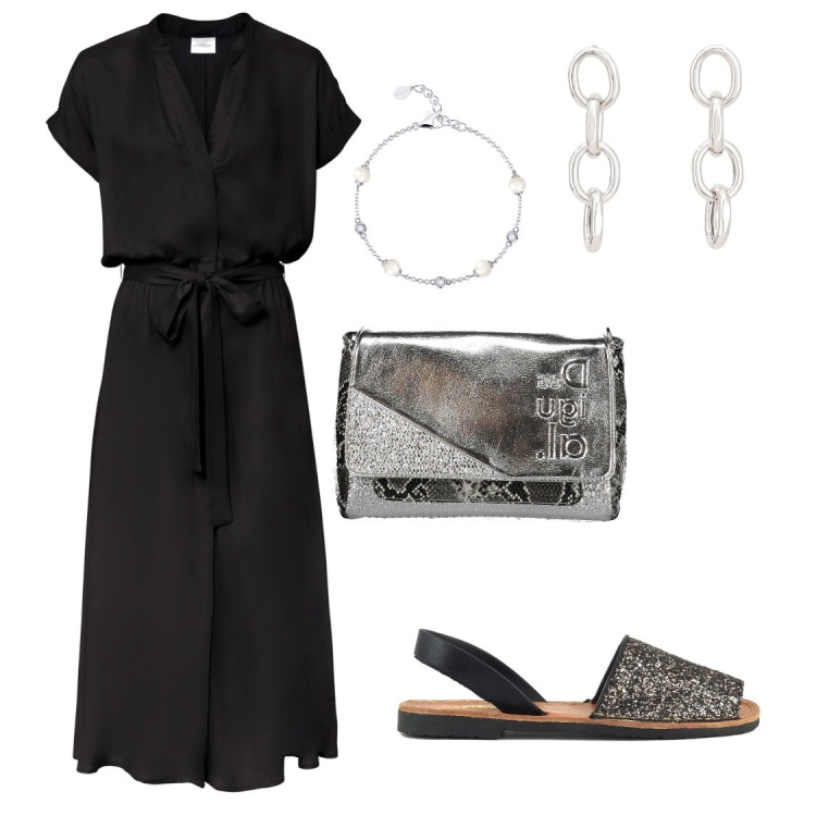 Outfit donna - Un sabato sera estivo. Stile Minimal per Serata fuori. Abbinamento con vestiti chemisier, braccialetti, orecchini, sandali, borse a spalla.