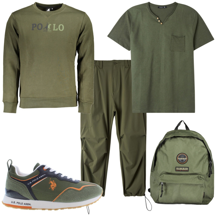 Outfit uomo - Casual week end fuori porta. Stile Casual per Tutti i giorni. Abbinamento con pantaloni, t-shirt, borse sportive, felpe, scarpe sportive.