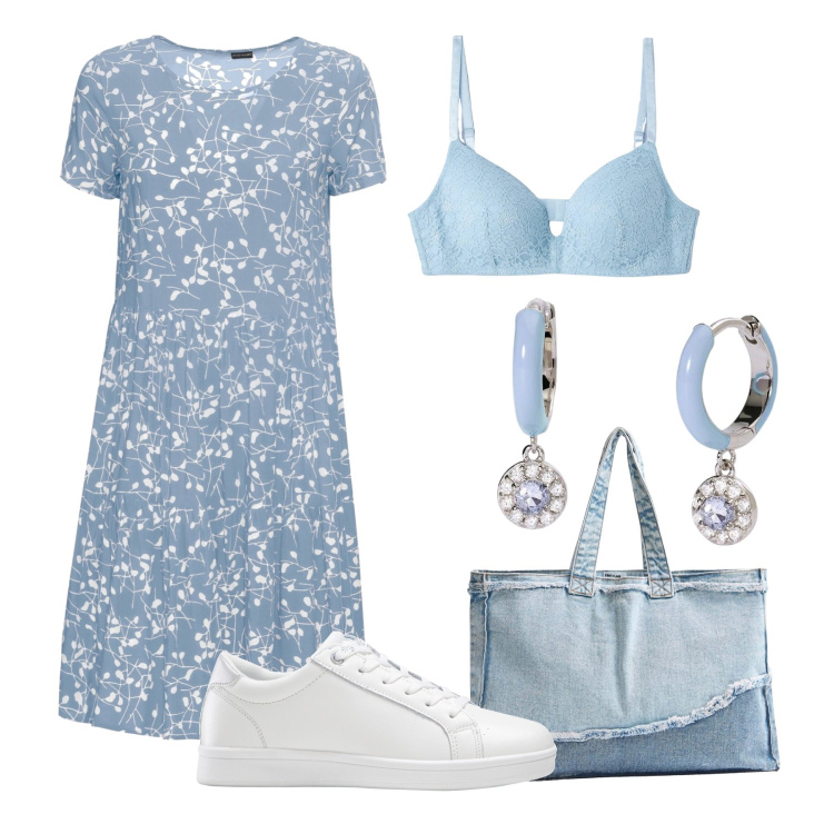 Outfit donna - Azzurro cenere “sottosopra”. Stile Romantica per Tutti i giorni. Abbinamento con vestiti, sneakers, reggiseni, shopping bag, orecchini.