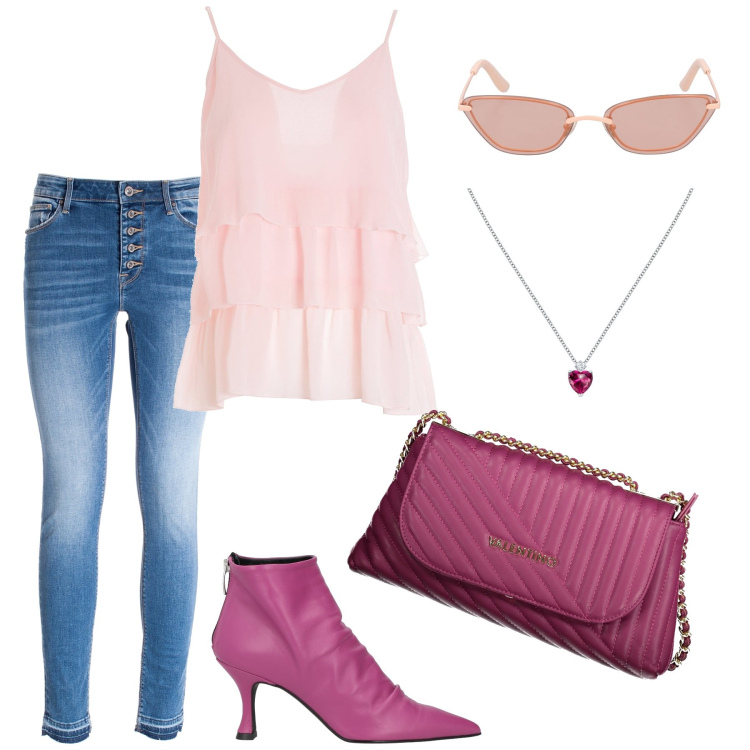 Outfit donna - Pink fashion look. Stile Casual chic per Tutti i giorni. Abbinamento con stivaletti, collane, top, jeans skinny, borse a tracolla, occhiali da sole.