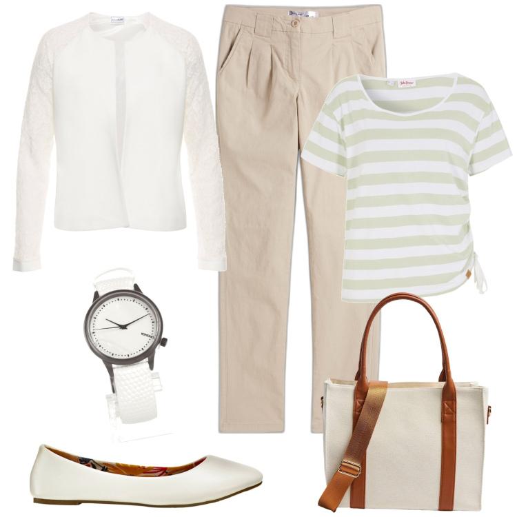 Outfit donna - Curvy Minimal chic mood. Stile Minimal per Tutti i giorni. Abbinamento con pantaloni chino, ballerine, maglieria, blazer, orologi, shopping bag.