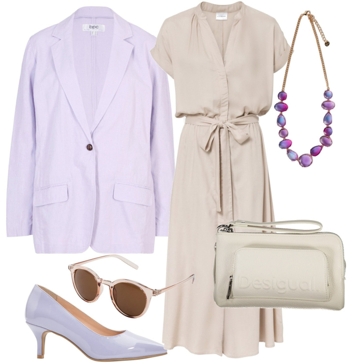 Outfit donna - il blazer per la primavera. Stile Casual per Tutti i giorni. Abbinamento con vestiti chemisier, occhiali da sole, blazer, décolleté, collane, borse a tracolla.