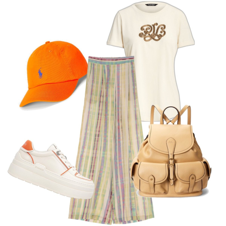 Outfit donna - Il berretto arancione. Stile Basic per Tutti i giorni. Abbinamento con sneakers, pantaloni a palazzo, cappelli, t-shirt, zaini.