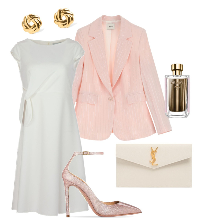 Outfit donna - Serata al lago. Abbinamento con profumi, blazer, vestiti midi/longuette, pochette, orecchini, décolleté.