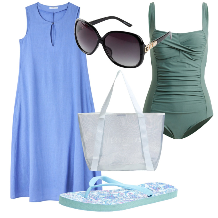 Outfit donna - Momenti al mare. Stile Basic per Mare. Abbinamento con costumi interi, occhiali da sole, vestiti senza maniche, infradito, shopping bag.