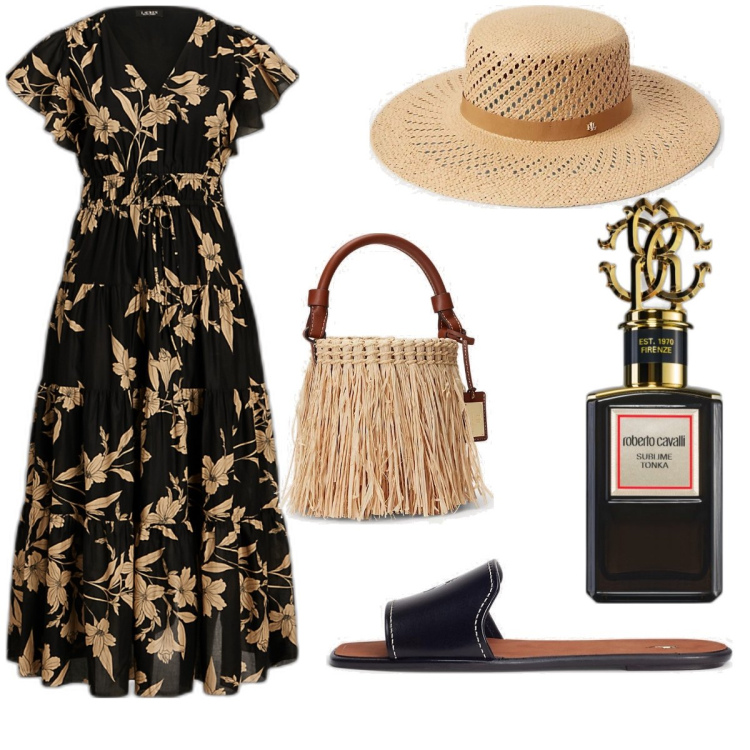 Outfit donna - Total look #1858261. Stile Romantica per Tutti i giorni. Abbinamento con profumi, vestiti lunghi, cappelli, ciabatte, borse a secchiello.