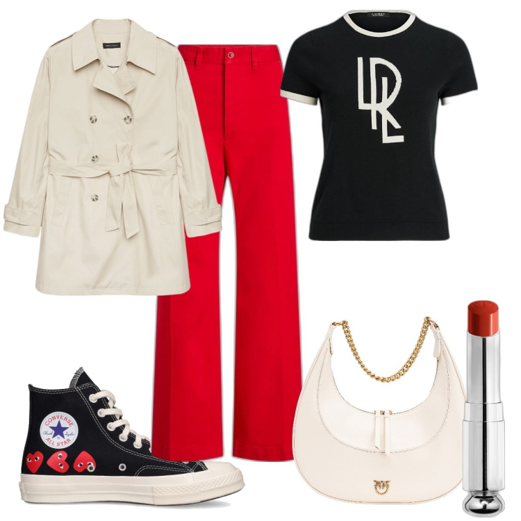 Outfit donna - Total look #1858263. Stile Sporty chic per Tutti i giorni. Abbinamento con rossetti, borse a spalla, pantaloni, t-shirt, sneakers, trench.