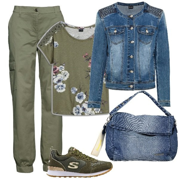 Outfit donna - denim e cargo. Stile Casual per Tutti i giorni. Abbinamento con pantaloni cargo, sneakers, blazer, maglieria, borse a spalla.