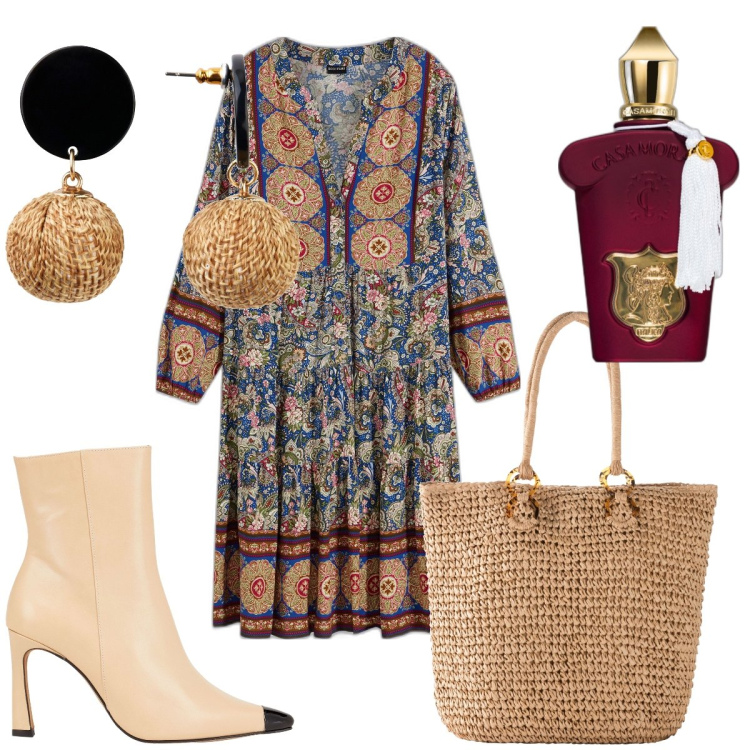 Outfit donna - Total look #1858269. Stile Boho per Serata fuori. Abbinamento con orecchini, vestiti corti, shopping bag, stivaletti, profumi.