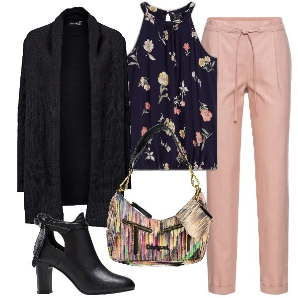 Outfit donna - fa ancora un po\' freddo. Stile Casual per Tutti i giorni. Abbinamento con pantaloni, top, cardigans, stivaletti, borse a spalla.