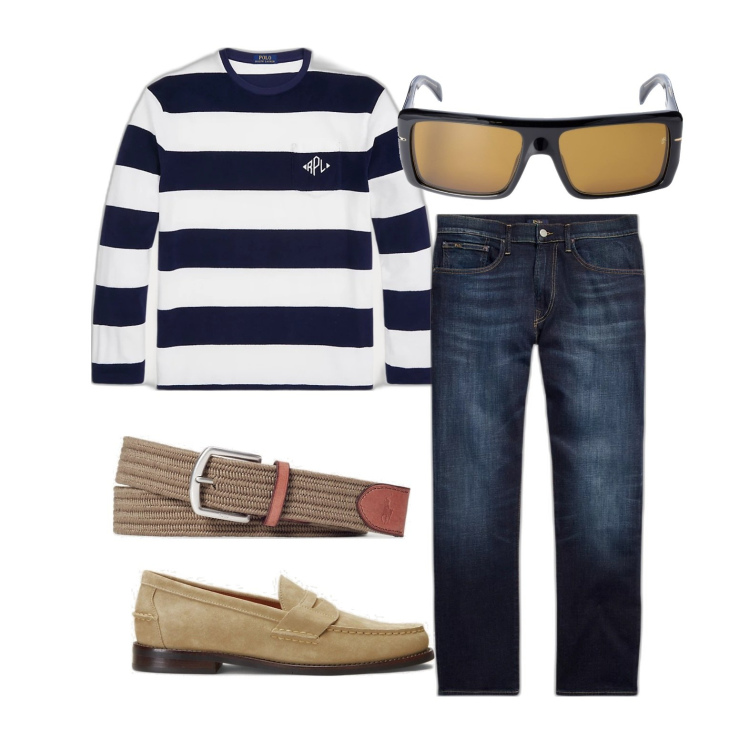 Outfit uomo - Le righe evergreen. Stile Casual per Tutti i giorni. Abbinamento con cinture, jeans dritti, t-shirt, scarpe stringate, occhiali da sole.