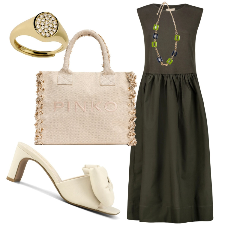 Outfit donna - Total look #1858295. Stile Casual chic per Serata fuori. Abbinamento con anelli, shopping bag, sandali col tacco, vestiti midi/longuette, ciondoli.