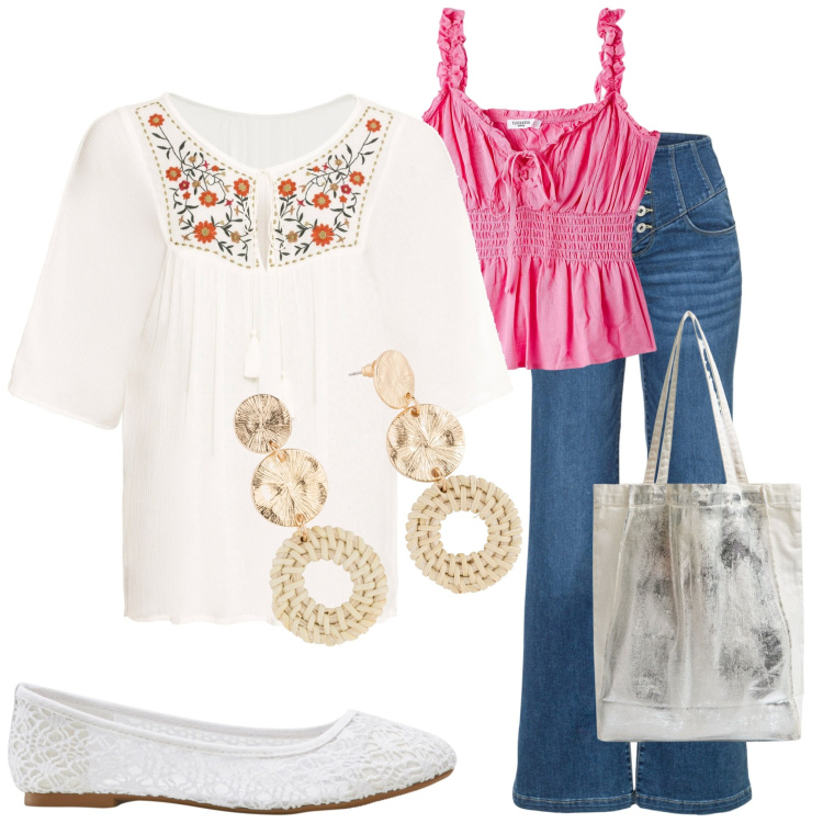 Outfit donna - Boho di primavera. Stile Boho per Serata fuori. Abbinamento con tuniche, orecchini, ballerine, jeans a zampa, shopping bag, top.