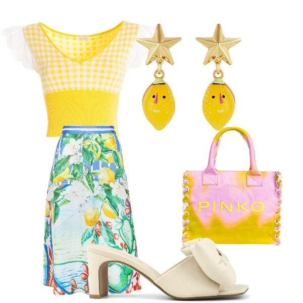 Outfit donna - giallo come i limoni. Stile Glamour per Serata fuori. Abbinamento con orecchini, shopping bag, top, gonne longuette, sandali col tacco.