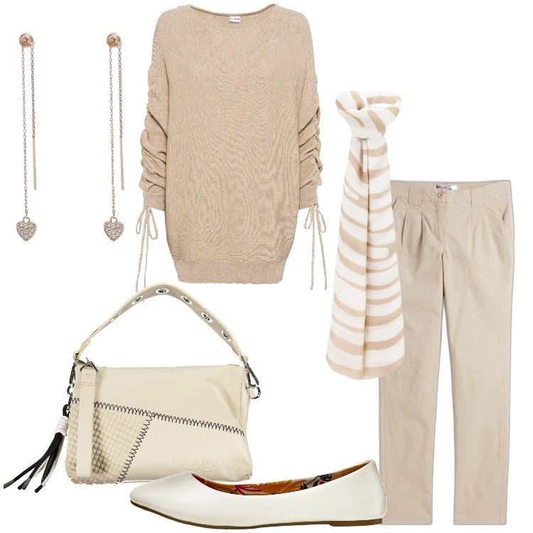 Outfit donna - Minimal chic mood - Focus Donna Curvy. Stile Minimal per Ufficio. Abbinamento con pantaloni chino, ballerine, maglieria, orecchini, foulard, borse a spalla.