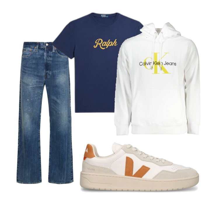 Outfit uomo - Total look #1858341. Stile Casual per Tutti i giorni. Abbinamento con t-shirt, jeans dritti, felpe con cappuccio, sneakers.
