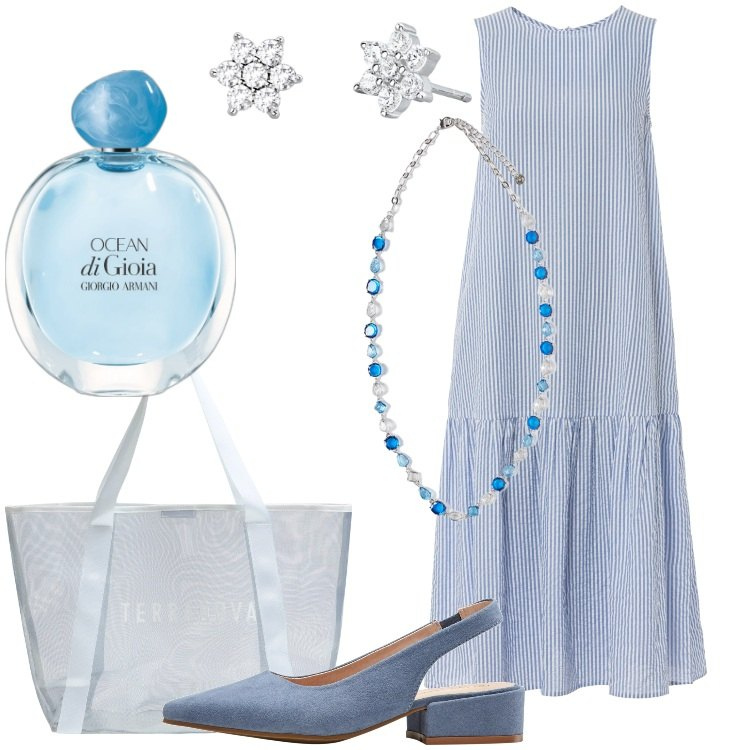 Outfit donna - Delicato azzurro cenere. Stile Basic per Tutti i giorni. Abbinamento con vestiti midi/longuette, décolleté, profumi, shopping bag, orecchini, collane.
