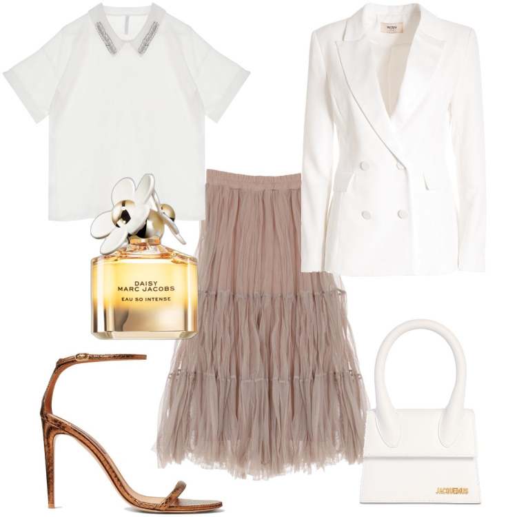 Outfit donna - Total look #1858357. Stile Glamour per Cerimonia. Abbinamento con profumi, blazer, t-shirt, gonne longuette, sandali col tacco, borse a mano.