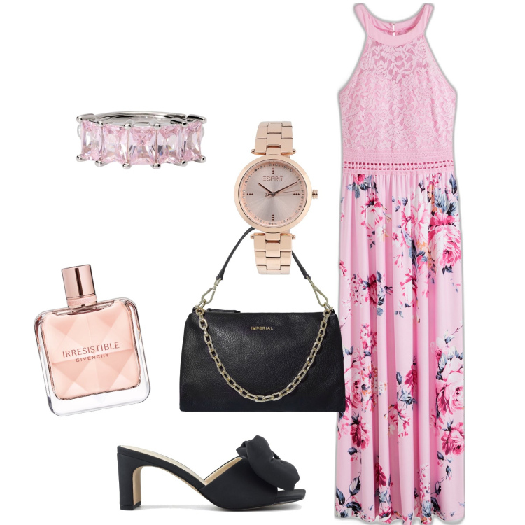 Outfit donna - Rosa e nero. Stile Chic per Serata fuori. Abbinamento con vestiti lunghi, orologi, profumi, anelli, pochette, sandali col tacco.