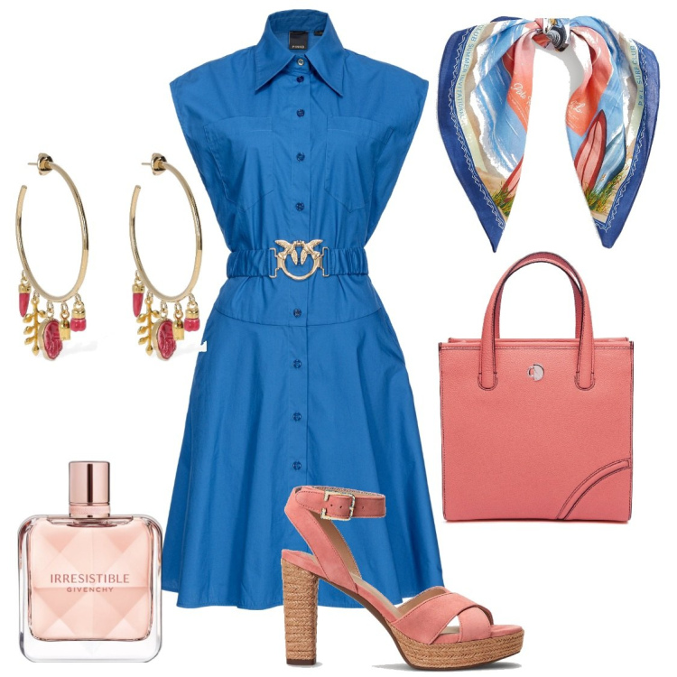 Outfit donna - Bon ton. Stile Bon Ton per Tutti i giorni. Abbinamento con profumi, vestiti chemisier, sandali col tacco, foulard, orecchini, shopping bag.