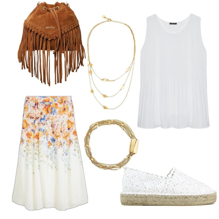 Outfit donna - Bianca epoque. Stile Boho per Tutti i giorni. Abbinamento con gonne, collane, braccialetti, borse a secchiello, espadrillas, top.