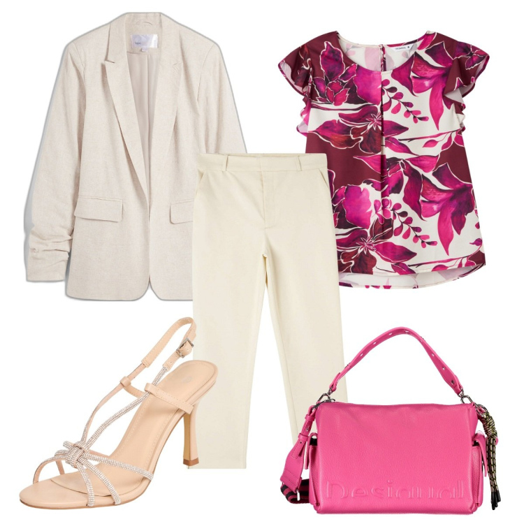 Outfit donna - Blazer chiaro. Stile Chic per Tutti i giorni. Abbinamento con blazer, bluse, pantaloni chino, sandali col tacco, borse a spalla.