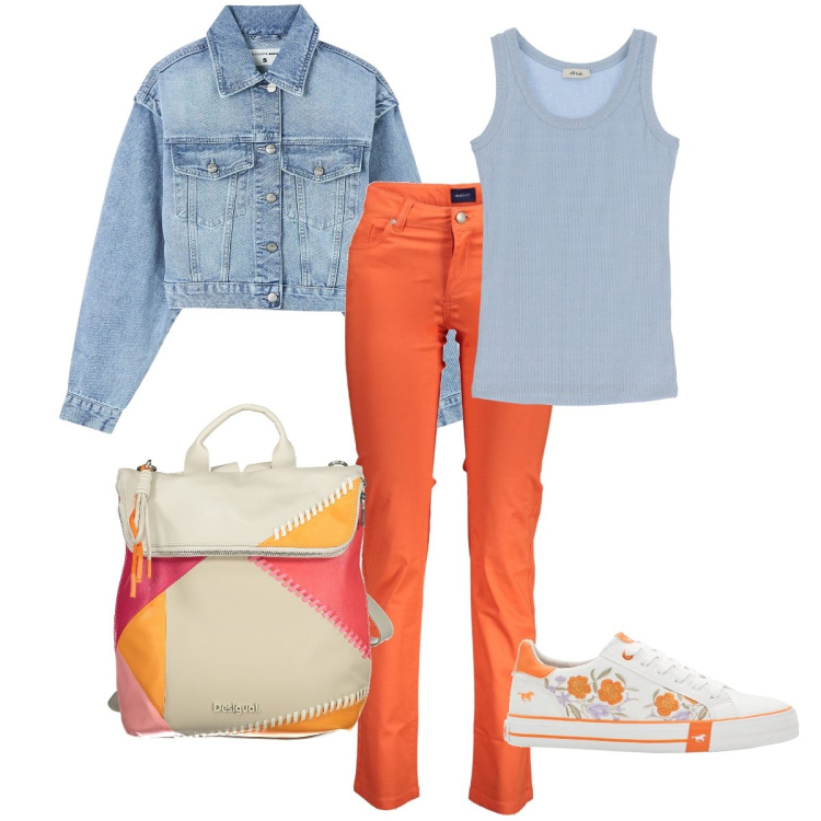 Outfit donna - Ultimi mesi di scuola. Stile Casual per Scuola/Università. Abbinamento con sneakers, blazer, top, pantaloni, zaini.