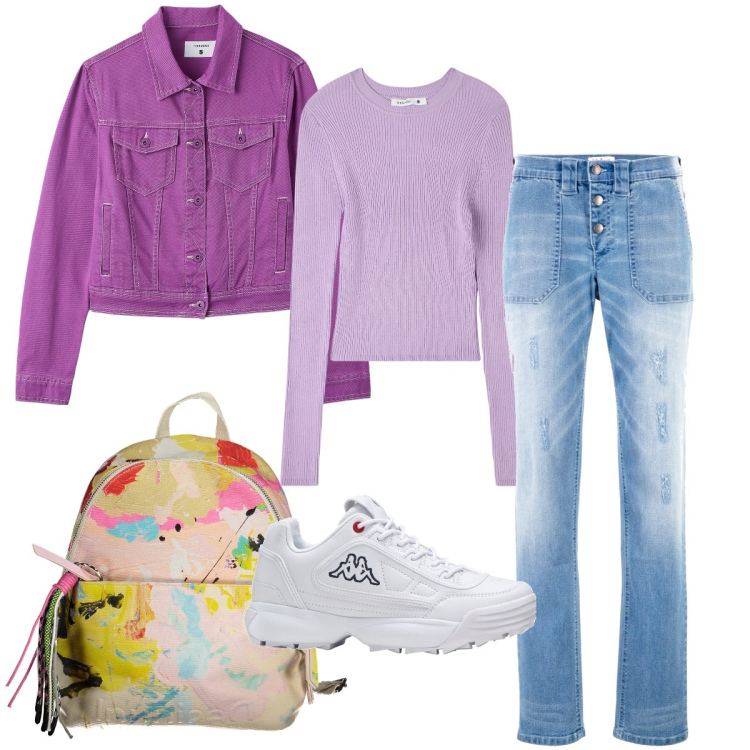 Outfit donna - Il giubbotto viola. Stile Casual per Scuola/Università. Abbinamento con jeans boyfriend, sneakers, blazer, maglieria, zaini.