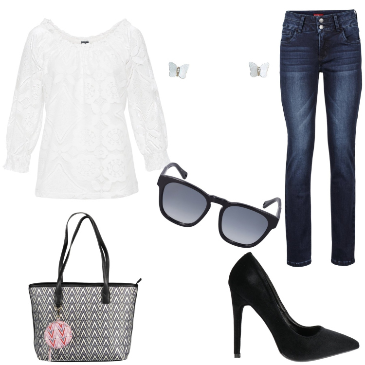 Outfit donna - L’ intramontabile semplicità. Stile Minimal per Tutti i giorni. Abbinamento con maglieria, jeans, décolleté, orecchini, borse a spalla, occhiali da sole.