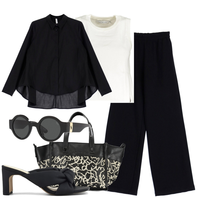 Outfit donna - City. Stile Casual chic per Tutti i giorni. Abbinamento con camicie, pantaloni a palazzo, occhiali da sole, sandali col tacco, collane, canottiere.