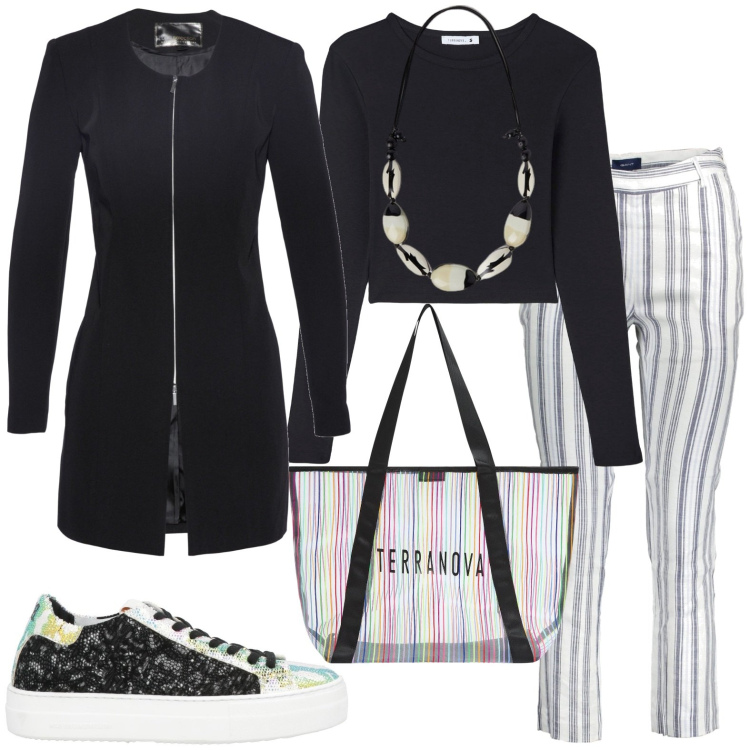 Outfit donna - Total look #1858429. Stile Urban per Tutti i giorni. Abbinamento con blazer, sneakers, t-shirt, shopping bag, pantaloni, collane.