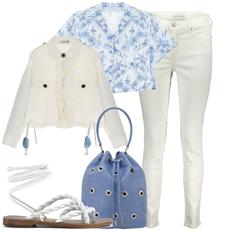 Outfit donna - City. Stile Casual chic per Tutti i giorni. Abbinamento con orecchini, camicie a manica corta, borse a secchiello, blazer, sandali, jeans skinny.